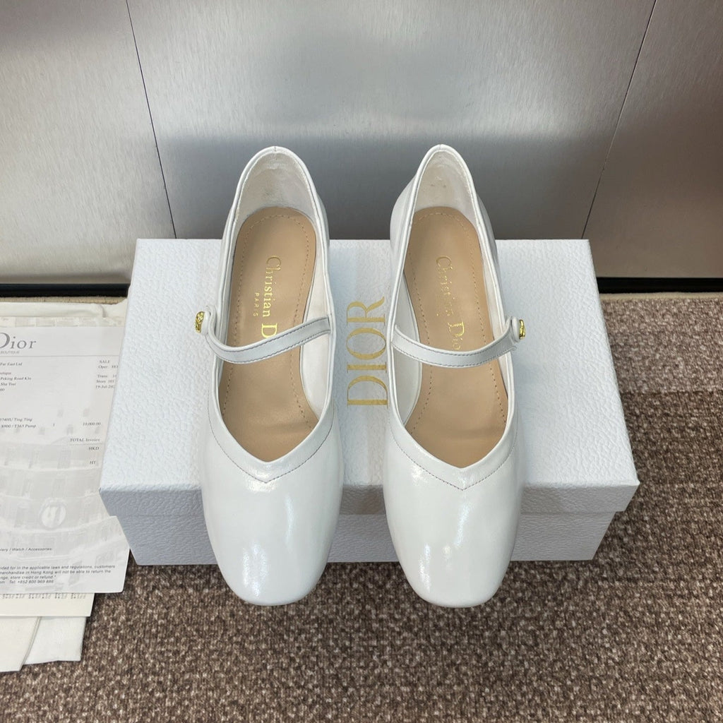 DIOR 25S ROUND-TOE MARY JANE BALLET FLATS IN WHITE CALFSKIN