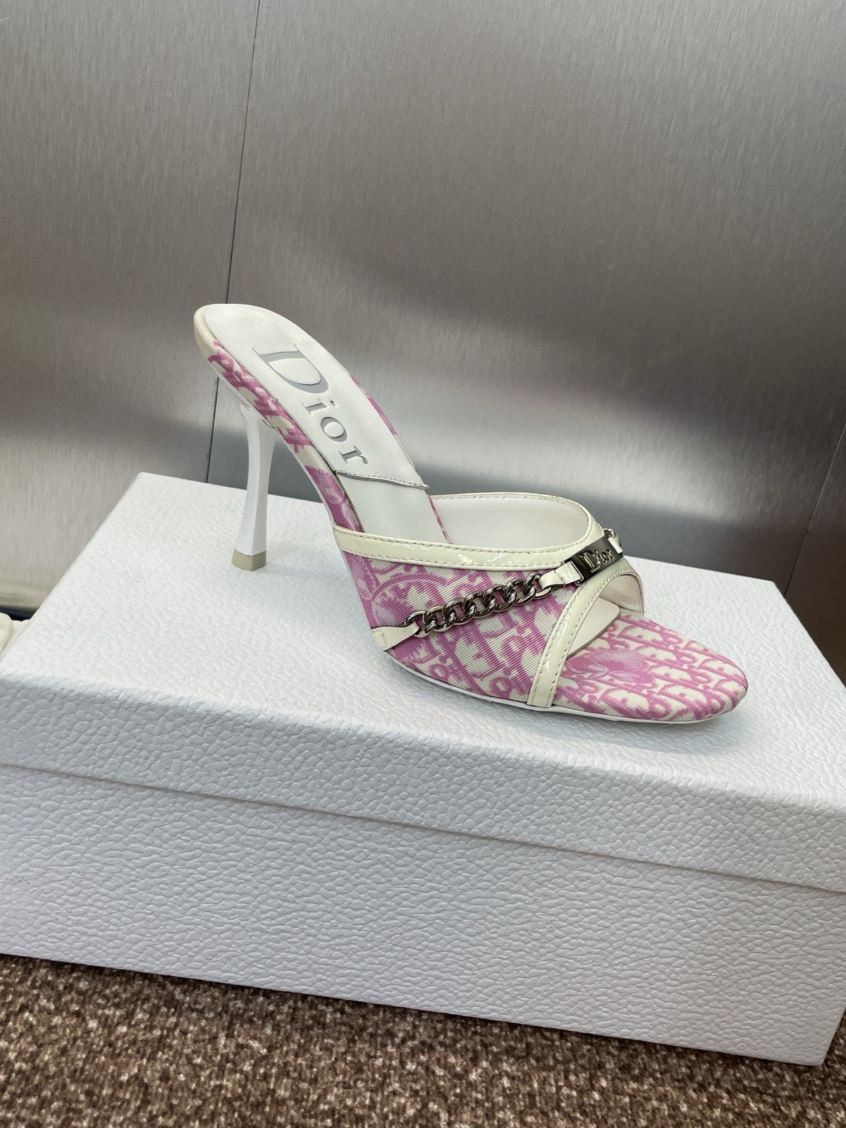 DIOR 25S HIGH HEELS PUNK 85MM IN PINK WHITE CALFSKIN AND CANVAS