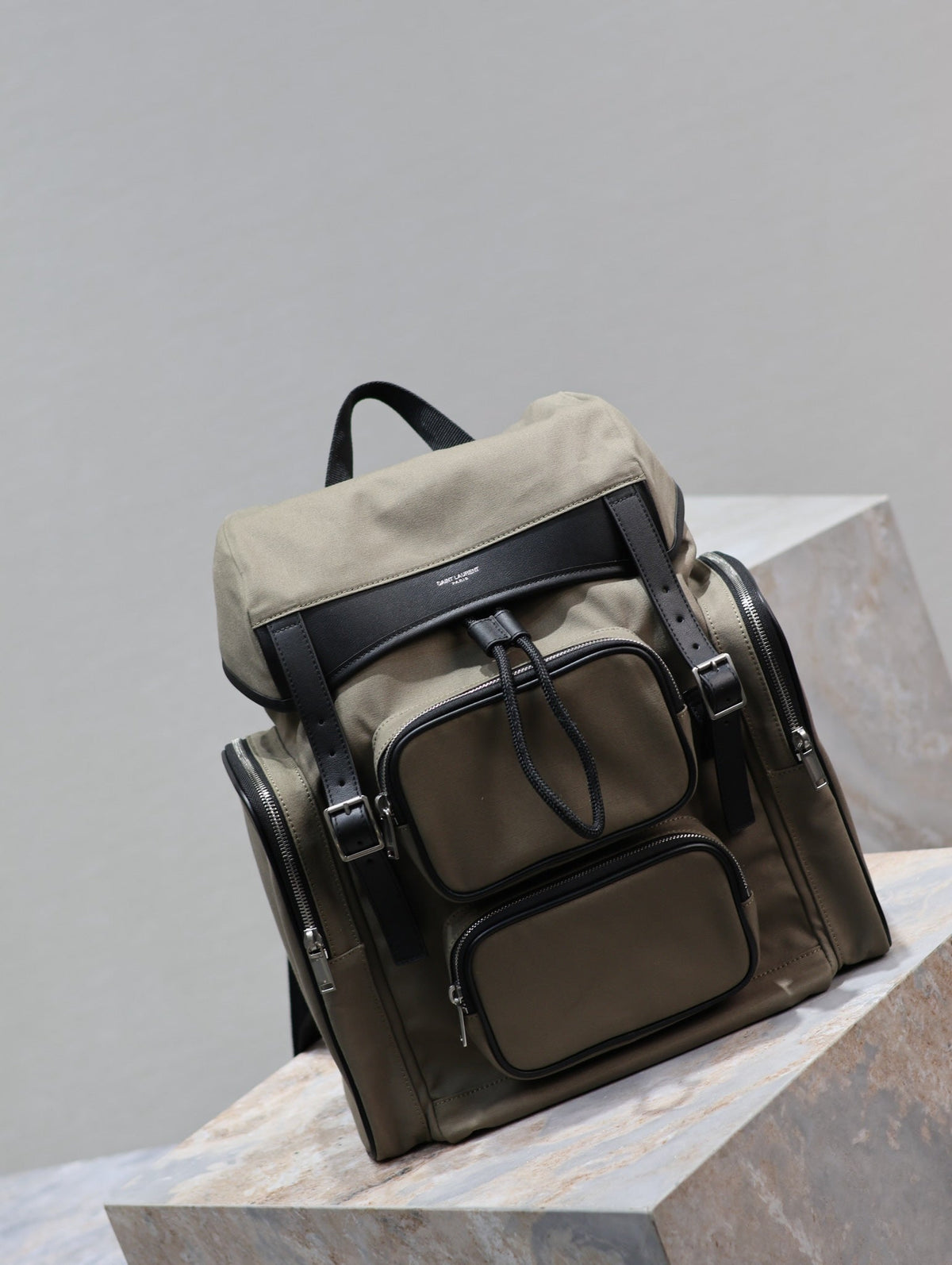 CITY MULTI-POCKET BACKPACK 42 IN KHAKI GREEN NYLON AND BLACK SMOOTH CALFSKIN