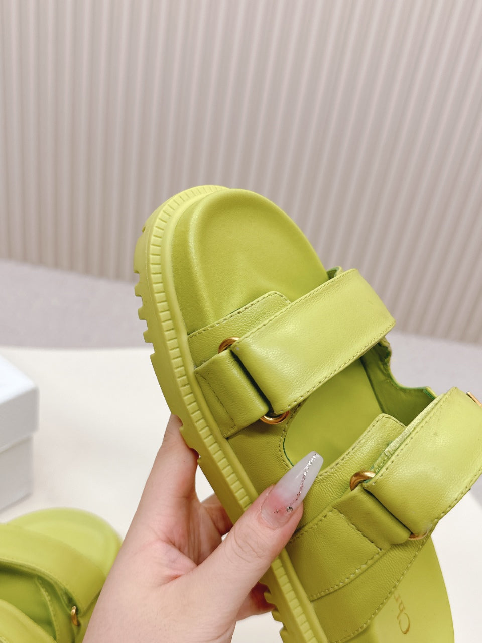 DIOR CLASSIC DOUBLE-STRAP SLIDES 25S IN OLIVE YELLOW CALFSKIN