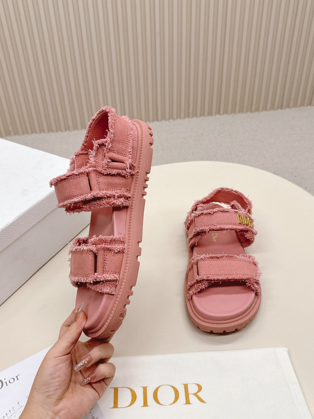DIOR BACK-STRAP SANDALS 25S IN PEACHY PINK DENIM AND CALFSKIN WITH GOLD HARDWARE