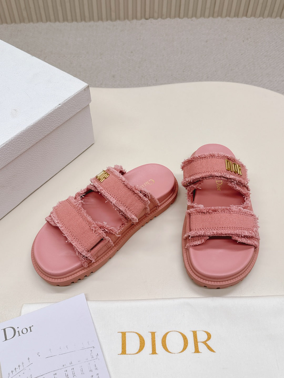 DIOR CLASSIC DOUBLE-STRAP SLIDES 25S IN PEACHY PINK DENIM AND CALFSKIN