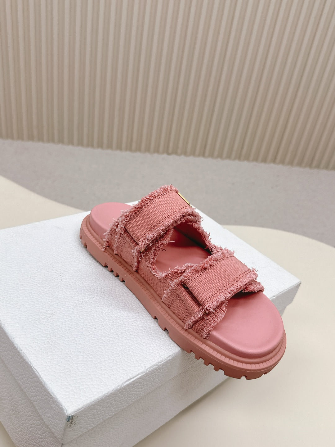 DIOR CLASSIC DOUBLE-STRAP SLIDES 25S IN PEACHY PINK DENIM AND CALFSKIN