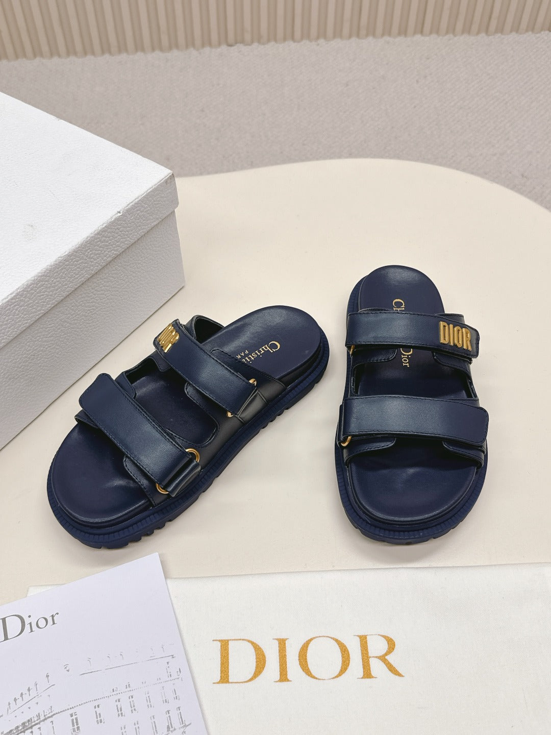 DIOR CLASSIC DOUBLE-STRAP SLIDES 25S IN MIDNIGHT BLUE CALFSKIN