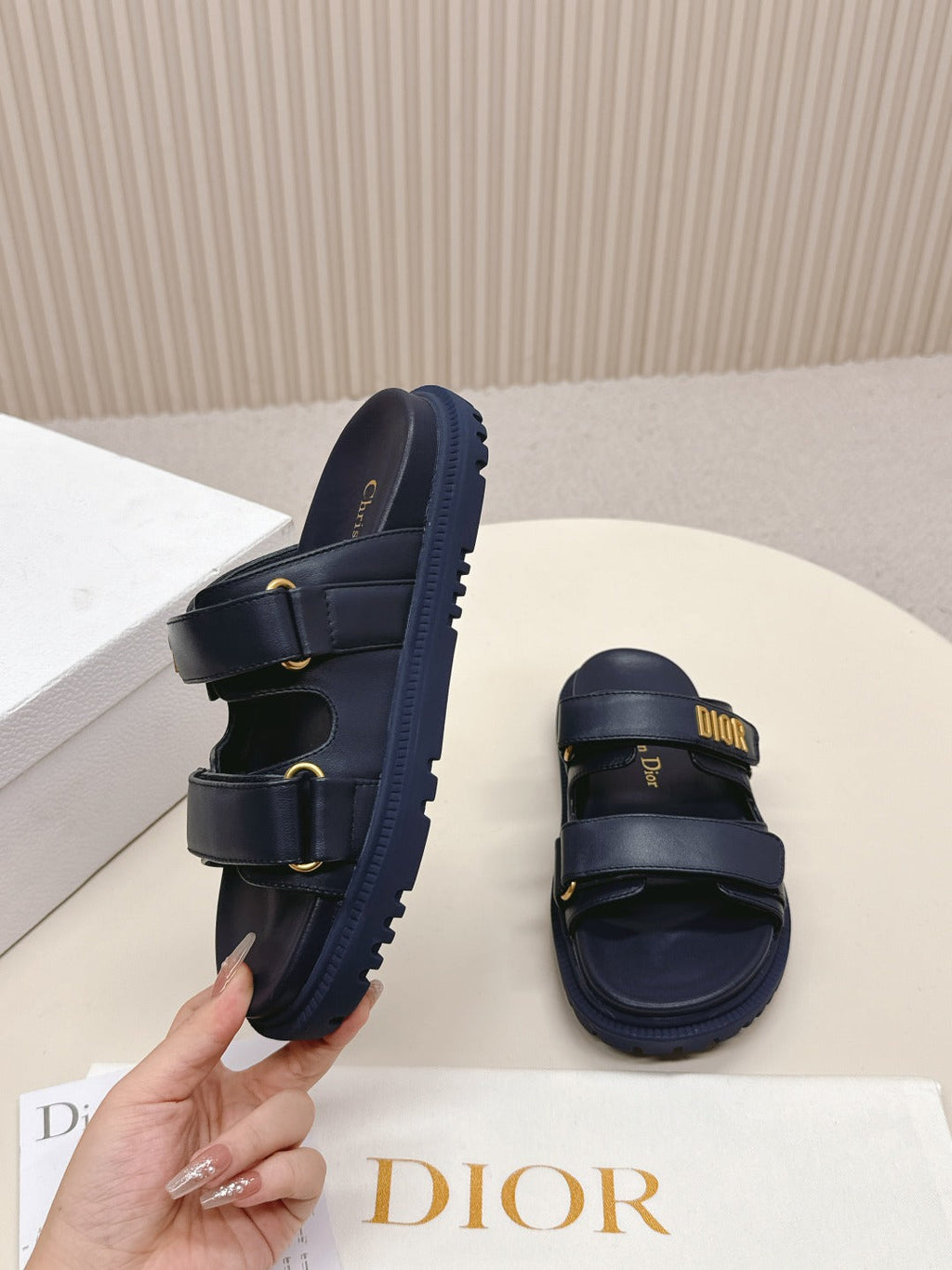 DIOR CLASSIC DOUBLE-STRAP SLIDES 25S IN MIDNIGHT BLUE CALFSKIN