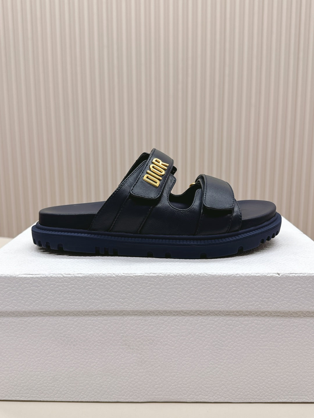 DIOR CLASSIC DOUBLE-STRAP SLIDES 25S IN MIDNIGHT BLUE CALFSKIN